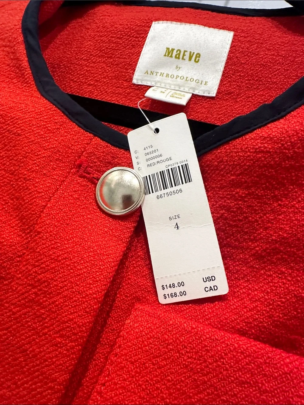 Anthropologie Red Cropped Button-Front Blazer with Black Trim - Picture 2 of 2